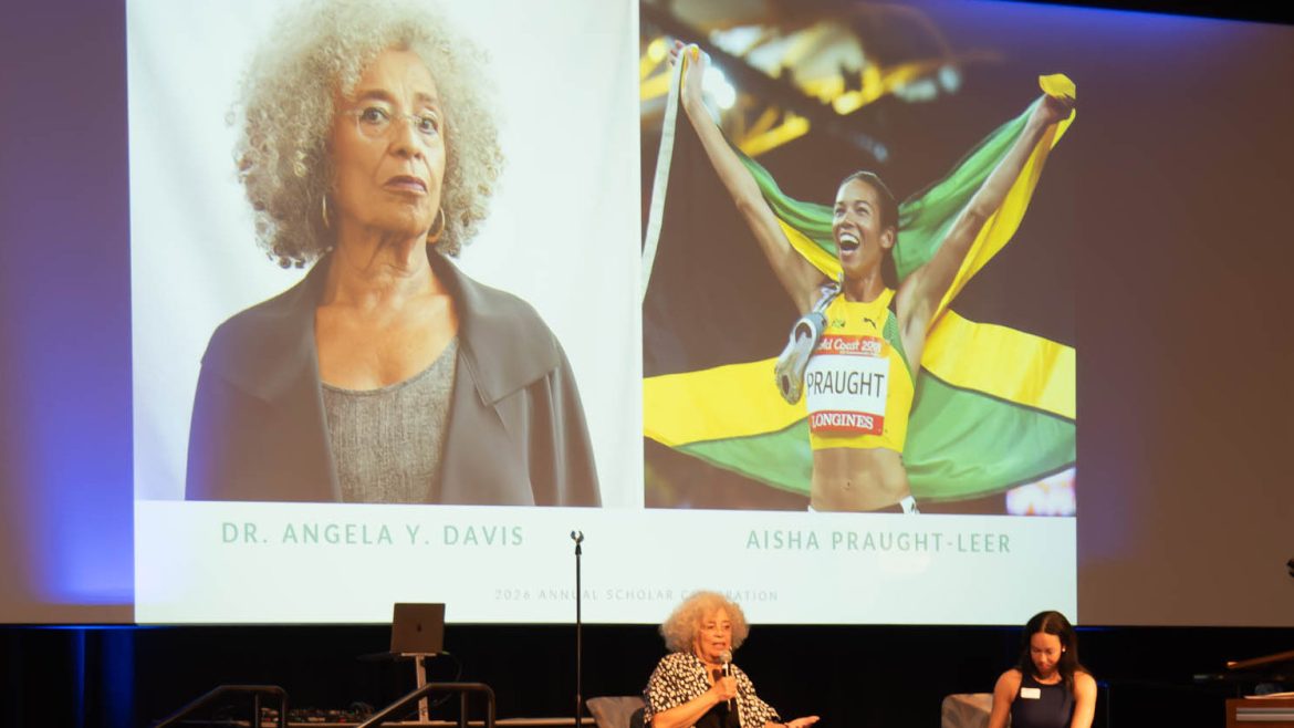 Annual Celebration in June at the University of Colorado, Colorado Springs, where scholar, activist, and author Angela Davis joined Sachs Foundation Board Member Aisha Praught-Leer, a two-time Olympian and Jamaican record holder, for a keynote conversation before scholars, families, and community supporters.